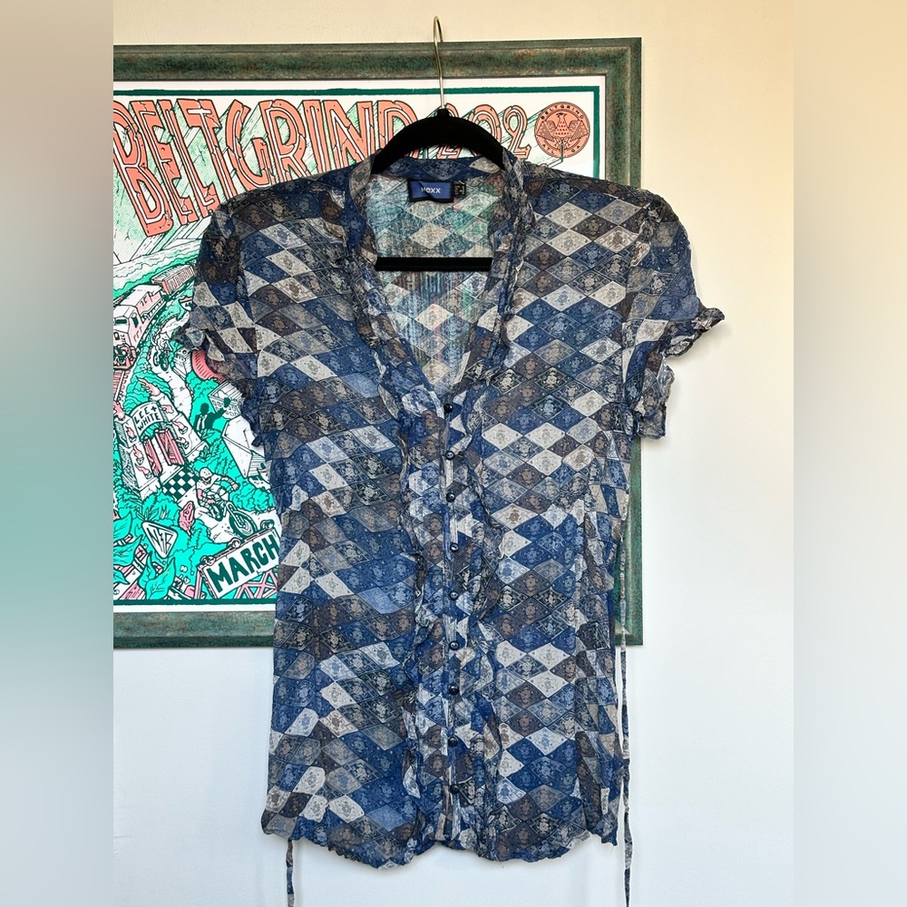 Mexx Blue Geometric Print Blouse Cap Sleeves V Neck Button Up Tie Ruffle Size S